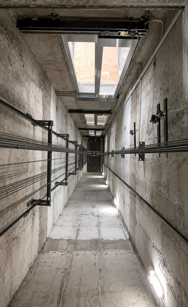 Elevator shaft installation showing rails, guides and headroom