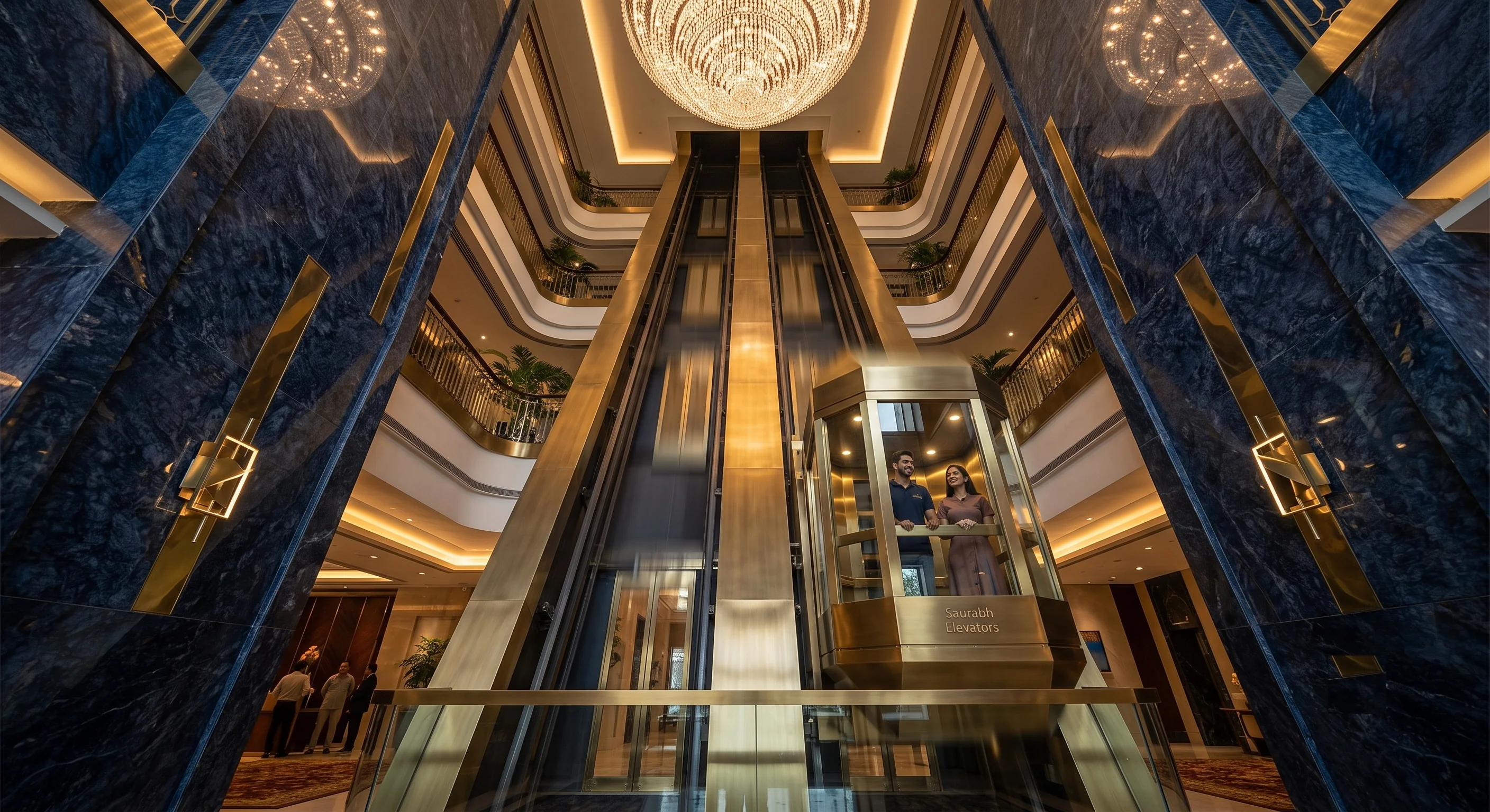 Panoramic elevator in a luxury hotel atrium installed by Saurab Elevators & Engineers